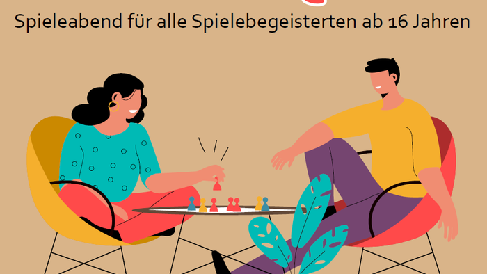 Ein buntes Plakat, das eine Spieleabend-Veranstaltung für Enthusiasten ab 16 Jahren bewirbt und zwei Personen zeigt, die Brettspiele spielen.