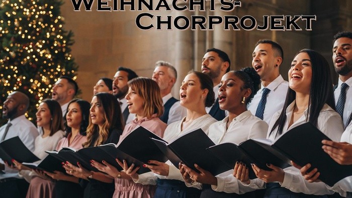 Ein vielfältiger Chor, der fröhlich während eines festlichen Weihnachtskonzerts in einer großen Halle singt.
