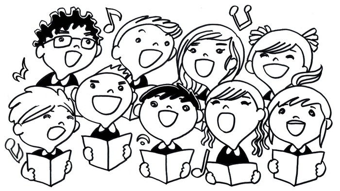 Fröhliche Gruppe von Kindern, die gemeinsam mit offenen Mündern und Notenblättern singen.