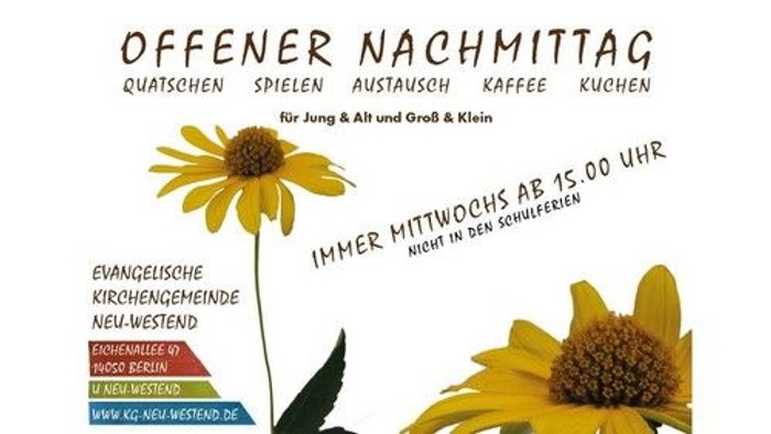 Plakatwerbung für eine wöchentliche offene Mittagsveranstaltung mit Gesprächen, Spielen, Kaffee und Kochen für alle Altersgruppen.