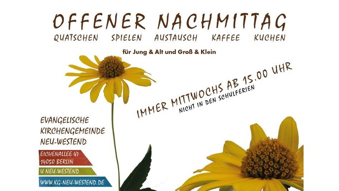Plakatwerbung für eine offene Nachmittagsveranstaltung mit Gesprächen, Spielen, Kaffee und Kochen für alle Altersgruppen, jeden Mittwoch.