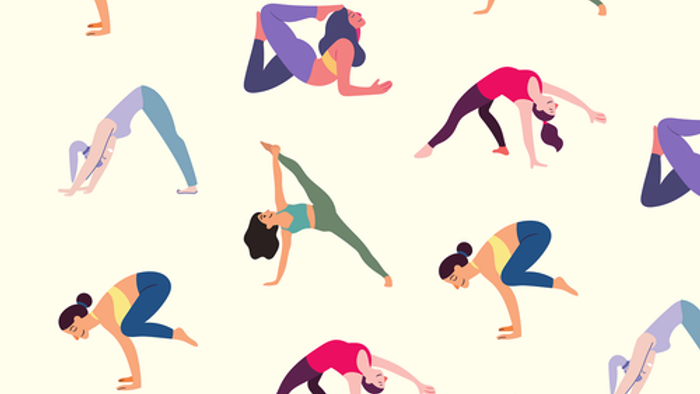 Illustrierte Sammlung verschiedener Yoga-Posen, ausgeführt von vielfältigen Personen.