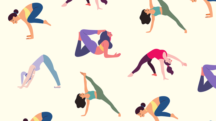 Illustrierte Sammlung verschiedener Yoga-Übungen für Flexibilität und Krafttraining.