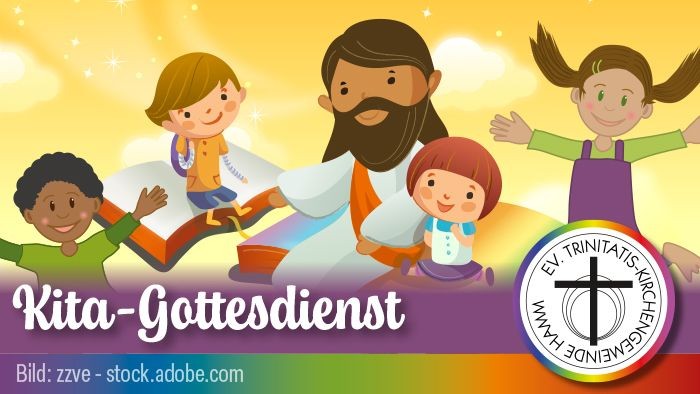 Buntes Cartoon, das Kinder und eine bärtige Figur während eines Kindergottesdienstes mit der Bezeichnung „Kita-Gottesdienst“ zeigt.
