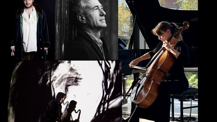 Kollage af musikere, der optræder med en dirigent og en cellist på scenen.