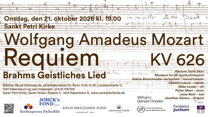Konzertplakat für Mozarts Requiem KV 626 und Brahms’ Geistliches Lied am 21. Oktober 2026 in der Sankt Petri Kirche.