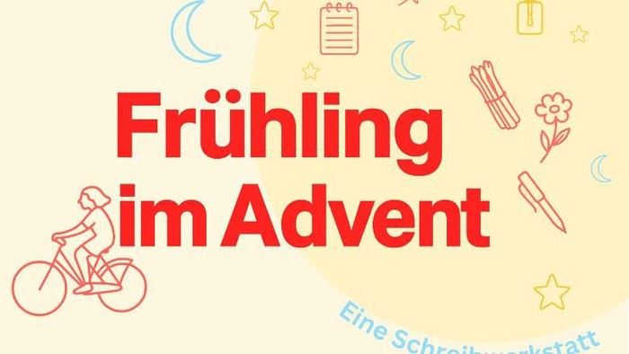 Frühlingsmotivierter Advent-Schreibworkshop mit verspielten Illustrationen und einer Radfahrer-Grafik.