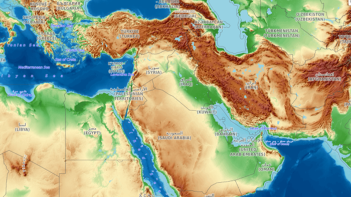 Topografische Karte mit Hervorhebung des Nahen Ostens und der umliegenden Regionen inklusive Höhenangaben.