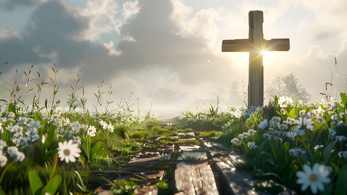 Ein Kreuz steht auf einem Hügel mit weißen Blumen unter einem hellen Himmel.