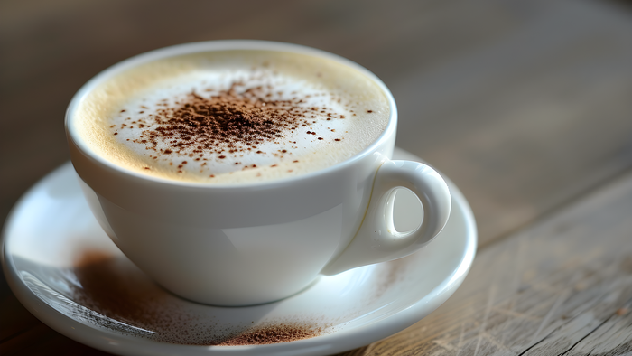 En kaffekop med skum og kakao på en underdug på træbord