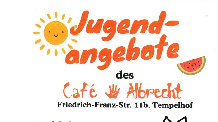 Plakatwerbung für Jugendausflüge vom Café Albrecht zum Neuköllner Zoo und Britzer Garten an bestimmten Terminen.