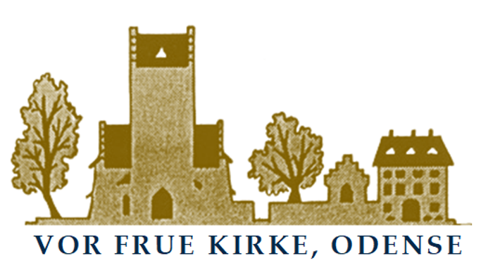 En sepia-tonet illustration af Vor Frue Kirke, en historisk kirke i Odense, Danmark, med omkringliggende bygninger.