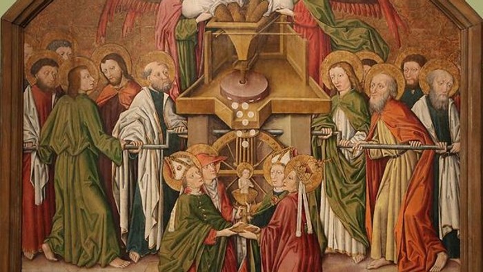 Mittelalterliches religiöses Gemälde, das die Anbetung der Heiligen Drei Könige mit Engeln und Heiligen in einer goldenen Altarszene darstellt.