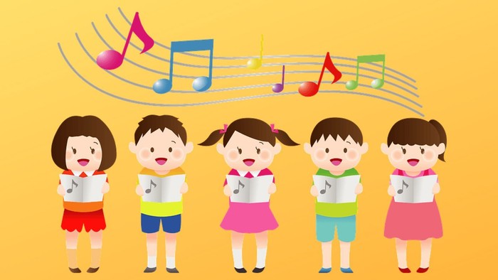 Fünf Kinder singen gemeinsam, Musiknoten schweben über ihnen