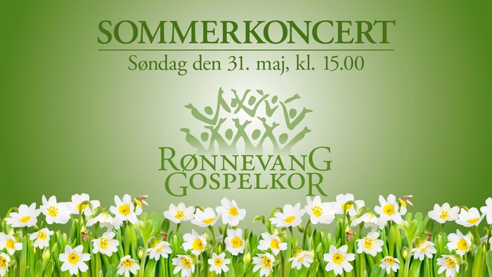 Plakat til sommerkoncert med Rønnevang Gospelkor den 31. maj kl. 15:00 med blomsterdekorationer.