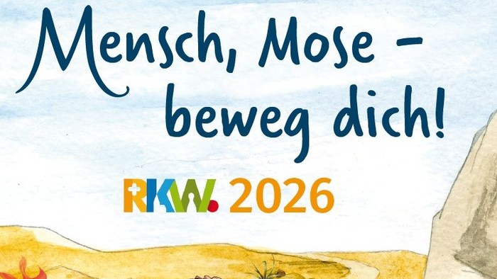 Illustration von Mose, der in der Wüste mit dem brennenden Dornbusch und den steinernen Tafeln geht, beschriftet als RKW 2026-Veranstaltung.