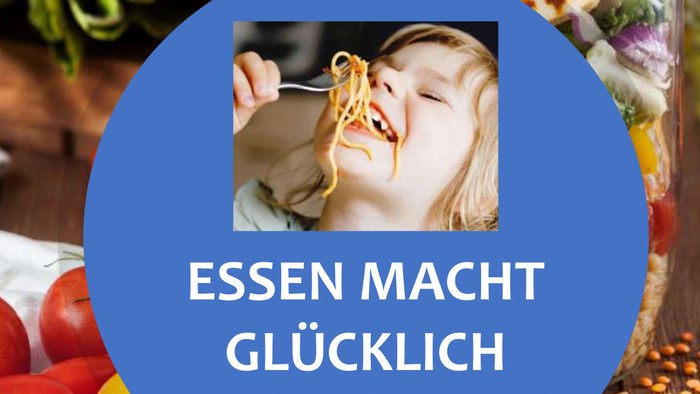 Eine fröhliche Person isst Nudeln, umgeben von frischem Gemüse, mit dem deutschen Spruch *„Essen macht glücklich“*.