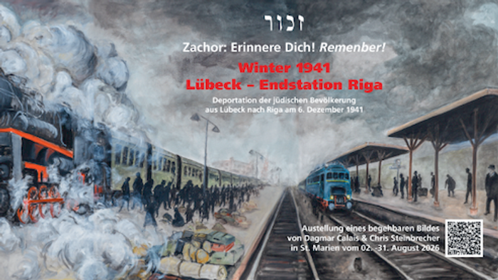 Vintage-Gemälde eines Dampfzugs, der im Winter 1941 am Lübecker Bahnhof eintrifft.