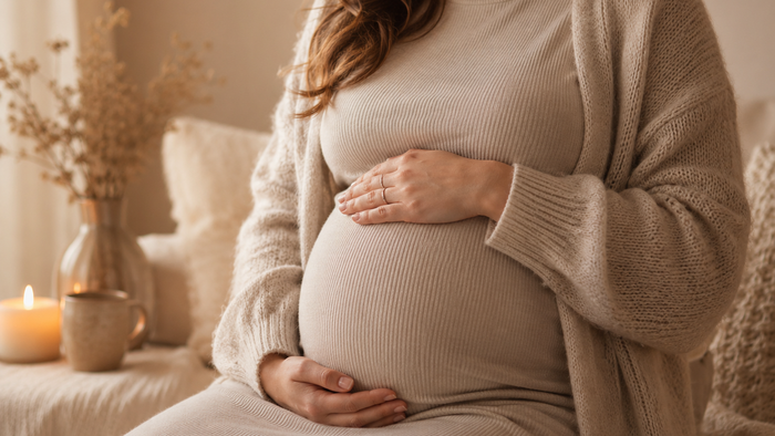 Gravid kvinde, der hviler behageligt på en sofa med en hyggelig sweater og holder om maven.