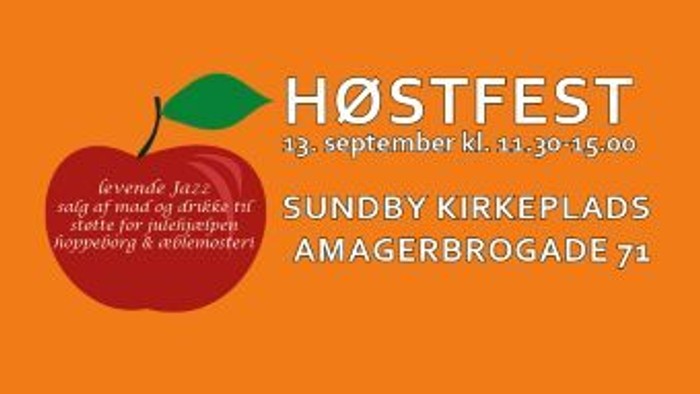 Efterårsfestival med live jazz, mad, drikkevarer og en høsttema-applegrafik på orange baggrund.