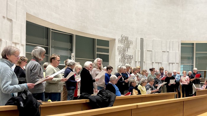Gruppe af ældre mennesker, der synger sammen i en kirke eller forsamlingshus.