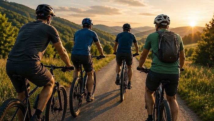 Das Bid zeigt eine Gruppe männlicher Personen, die gemeinsam Fahrrad fahren