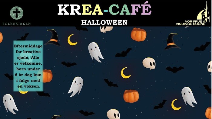 Krea-Café Halloween arrangement med fantasifulde dekorationer og aktiviteter.
