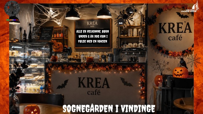 Halloween-tema caféarrangement med græskar, flagermus og gratis entré – 6. oktober på Sognegården i Vindinge.