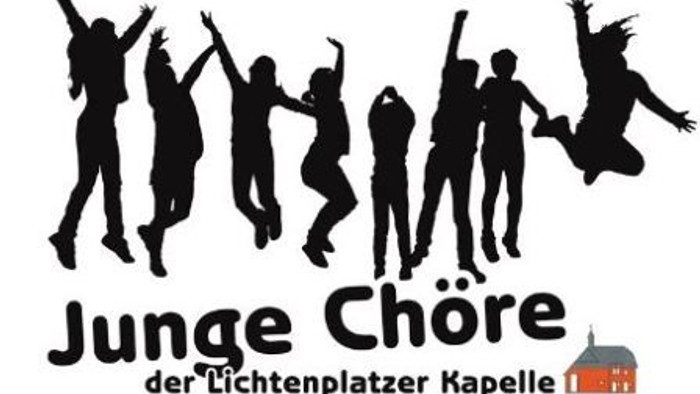 Junge Chormitglieder, die fröhlich auftreten, mit Silhouetten, die springen und die Arme heben, beschriftet mit „Junge Chöre“.