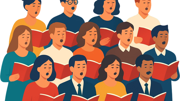 Eine vielfältige Gruppe von Menschen, die gemeinsam singt und dabei Notenblätter hält, in einem harmonischen Chor.