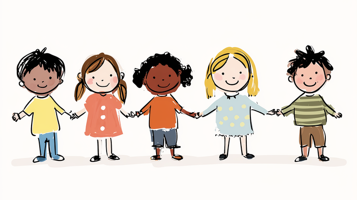 Fünf fröhliche Kinder, die sich an den Händen halten und in einer Reihe stehen, jedes mit unterschiedlichen Frisuren und Kleidung.