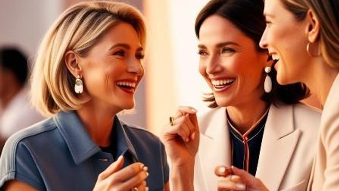 Drei fröhliche Frauen in professioneller Kleidung, die gemeinsam auf einer Veranstaltung lachen.
