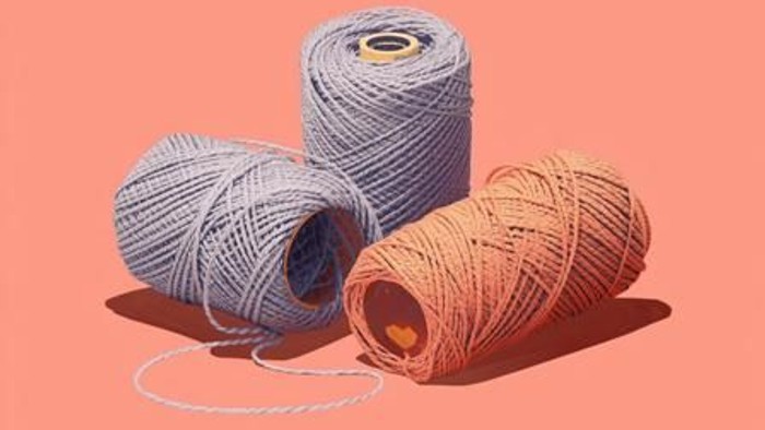 Drei Spulen mit buntem Faden in Blau, Orange und Beige vor einem Pfirsich-Hintergrund.