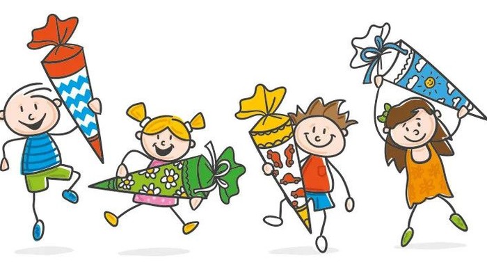 Bunte Kinder halten und spielen fröhlich mit verschiedenen Partyhüten und Luftschlangen.