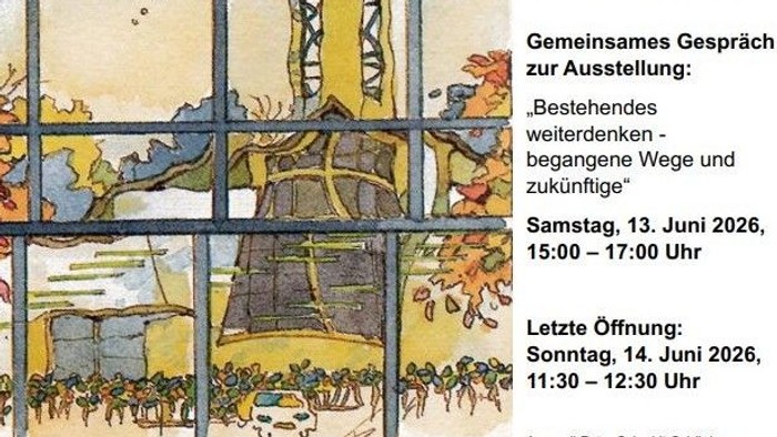 Plakat zur Ausstellung anlässlich des 70. Jubiläums der Himmelfahrtkirche mit Kunstwerken und Veranstaltungsdetails vom 24. Mai bis 14. Juni 2026.