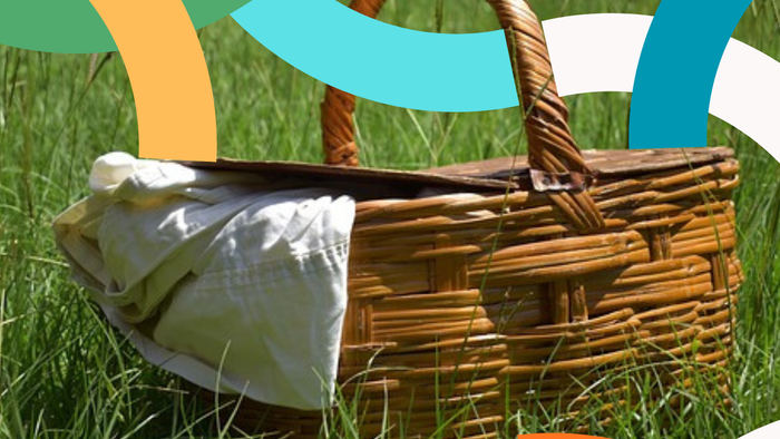 Un panier tressé avec une doublure en tissu posé sur de l'herbe verte luxuriante, agrémenté de volutes décoratives colorées.