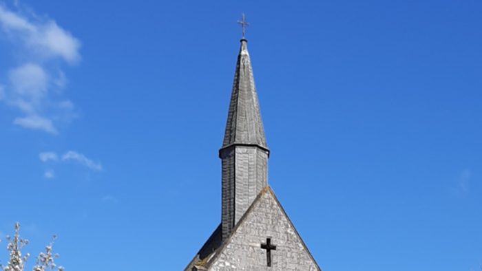 Kirche mit Wiese davor, blühendem Kirschbaum links und blauem Himmel