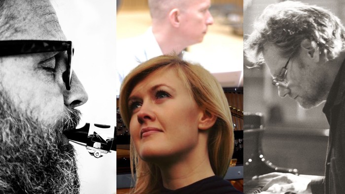 Et triptykon af nærbilleder, der viser en skægget mand, en kvinde med blondt hår og en mand i profil.