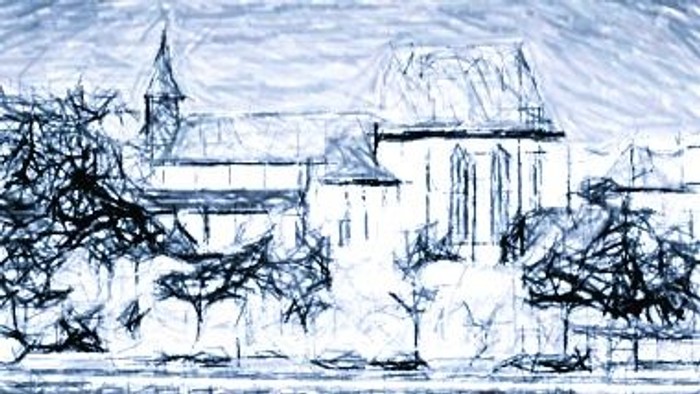 Foto der Justinuskirche mit Bildbearbeitung als Zeichnung