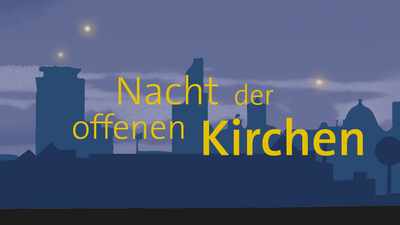Illustration einer Stadt bei Nacht mit dem Text "Nacht der offenen Kirchen"