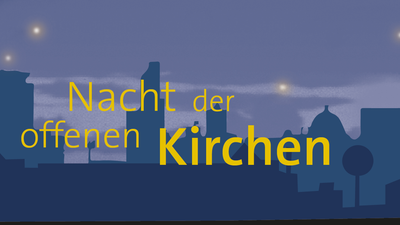 Illustration einer Stadt bei Nacht mit dem Text "Nacht der offenen Kirchen"