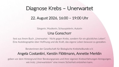 Ein Informations- und Erlebnisabend zum Thema Krebsdiagnose mit einer Lesung und künstlerischen Darbietungen am 22. August 2026.