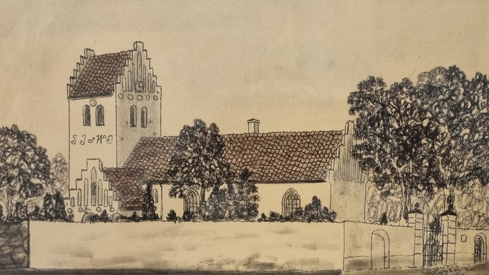 Tegnelse af kirke med tårn og omgivelser