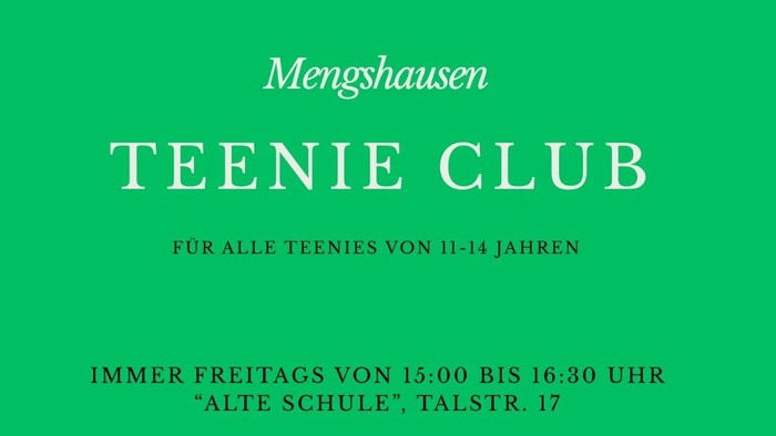 Jugendclub-Flyer für Jugendliche von 11–14 Jahren in Mengshausen mit Aktivitäten jeden Freitag von 15:00 bis 16:30 Uhr.