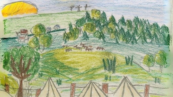 Eine pastorale Szene mit einem Lager aus Zelten, weidenden Tieren und einer üppigen grünen Landschaft unter strahlender Sonne.