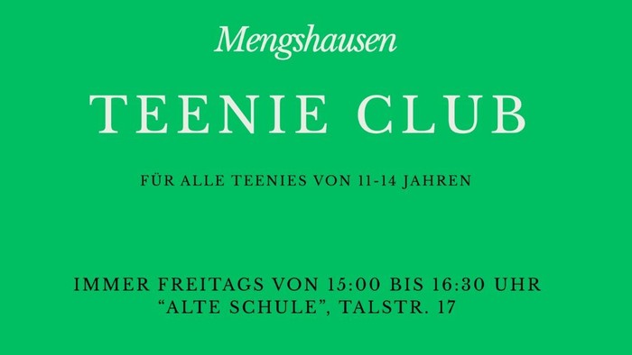 Jugendclub-Flyer für Jugendliche von 11–14 Jahren in Mengshausen mit Aktivitäten jeden Freitag von 15:00 bis 16:30 Uhr.