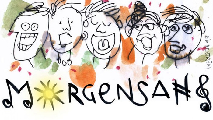 En humoristisk tegning af et syngende mandskab med teksten 