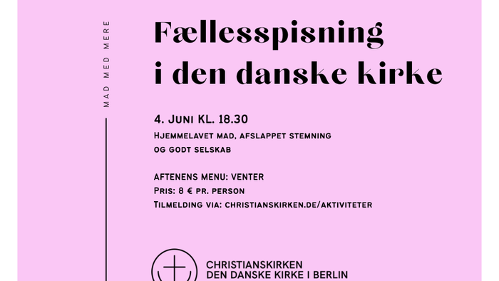 Flyer til fællesspisning i en dansk kirke med menu, dato, tidspunkt og tilmeldingsoplysninger.