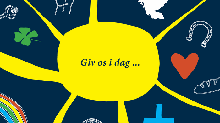 Farverigt sol-tema grafisk med symboler, der repræsenterer daglige velsignelser og bønner på svensk.
