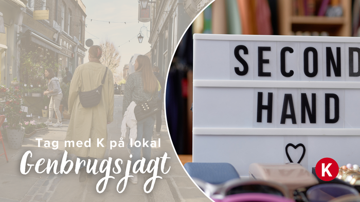 En gadescene med et skilt fra en genbrugsbutik og folk, der går forbi, som fremmer lokal genbrugsshopping.